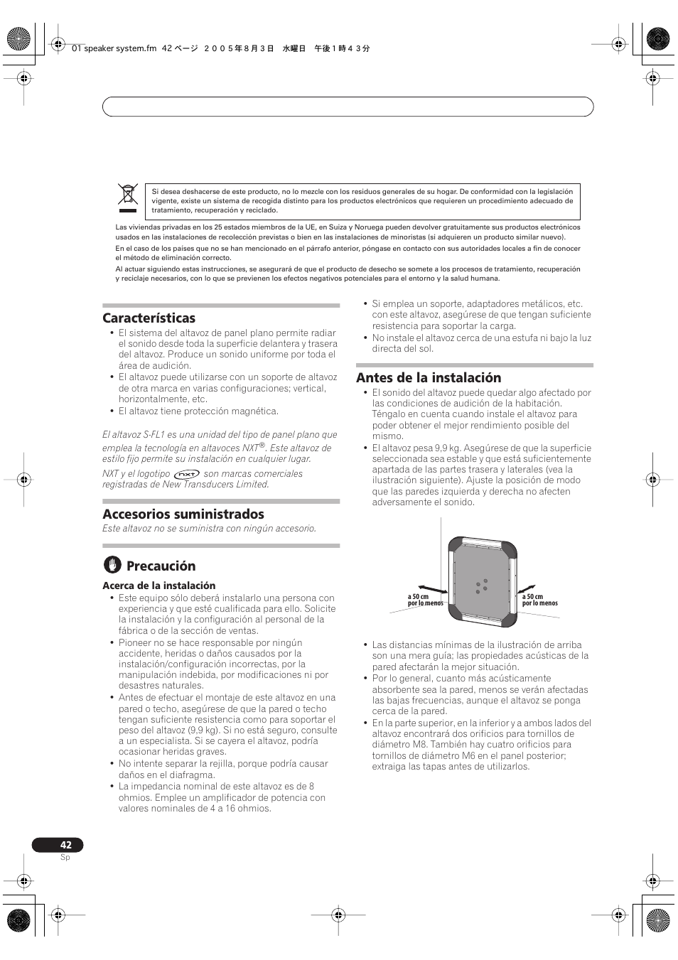 Manual de instrucciones, Características, Accesorios suministrados | Precaución, Antes de la instalación | Pioneer S-FL1 User Manual | Page 42 / 58