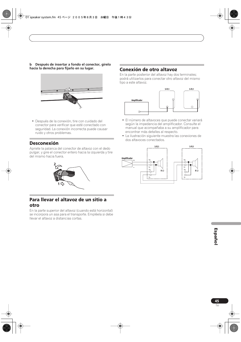 Desconexión, Para llevar el altavoz de un sitio a otro, Conexión de otro altavoz | Español | Pioneer S-FL1 User Manual | Page 45 / 58
