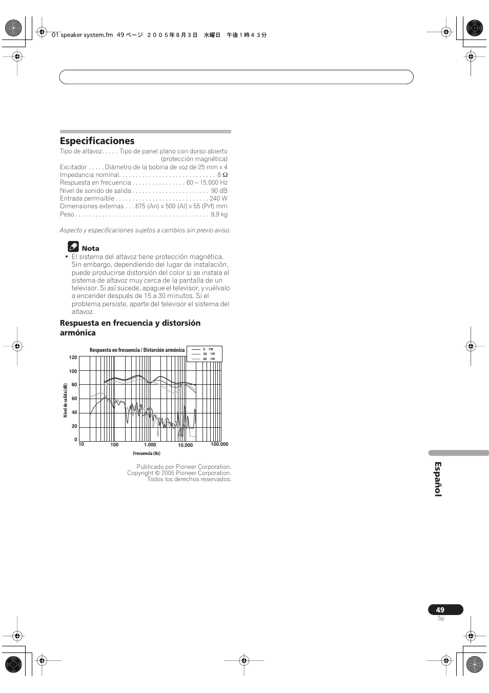 Especificaciones, Español, Respuesta en frecuencia y distorsión armónica | Pioneer S-FL1 User Manual | Page 49 / 58