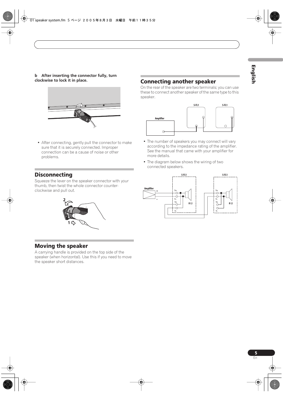 Disconnecting, Moving the speaker, Connecting another speaker | English | Pioneer S-FL1 User Manual | Page 5 / 58