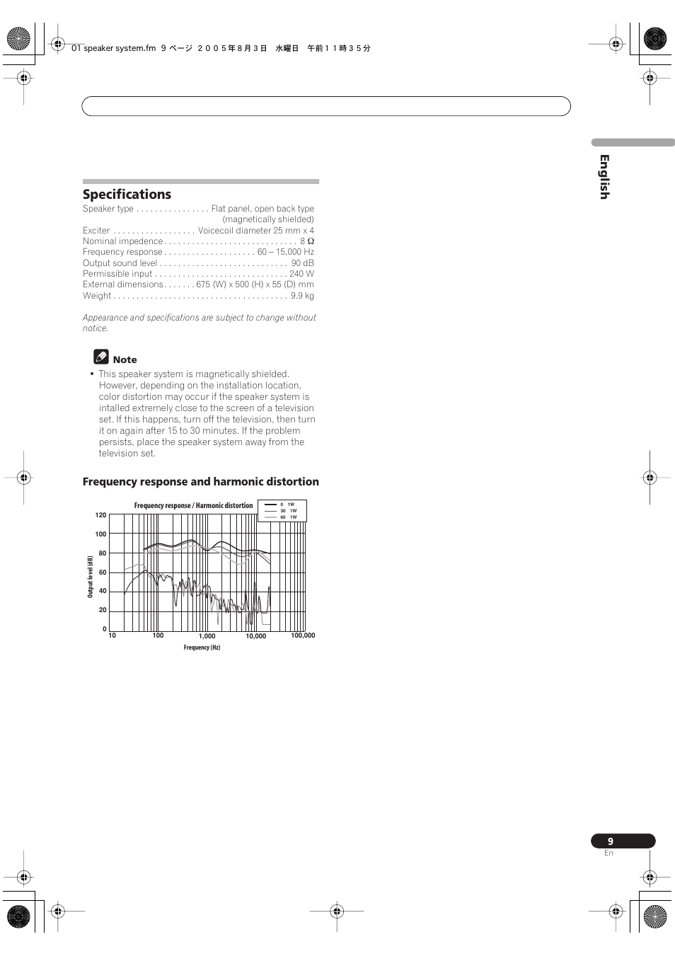 Specifications, English, Frequency response and harmonic distortion | Pioneer S-FL1 User Manual | Page 9 / 58