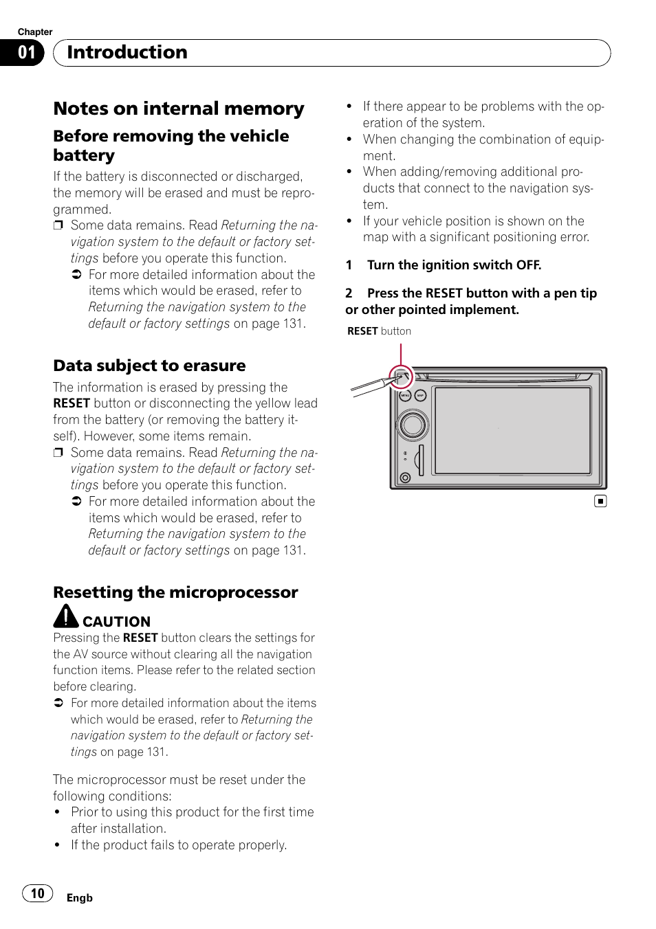 Introduction, Before removing the vehicle battery, Data subject to erasure | Resetting the microprocessor | Pioneer AVIC-F910BT User Manual | Page 10 / 170