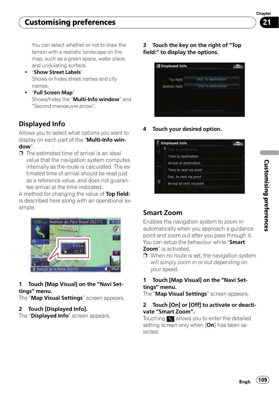 Displayed info 109, Smart zoom 109, Displayed info on | Customising preferences, Displayed info, Smart zoom | Pioneer AVIC-F910BT User Manual | Page 109 / 170