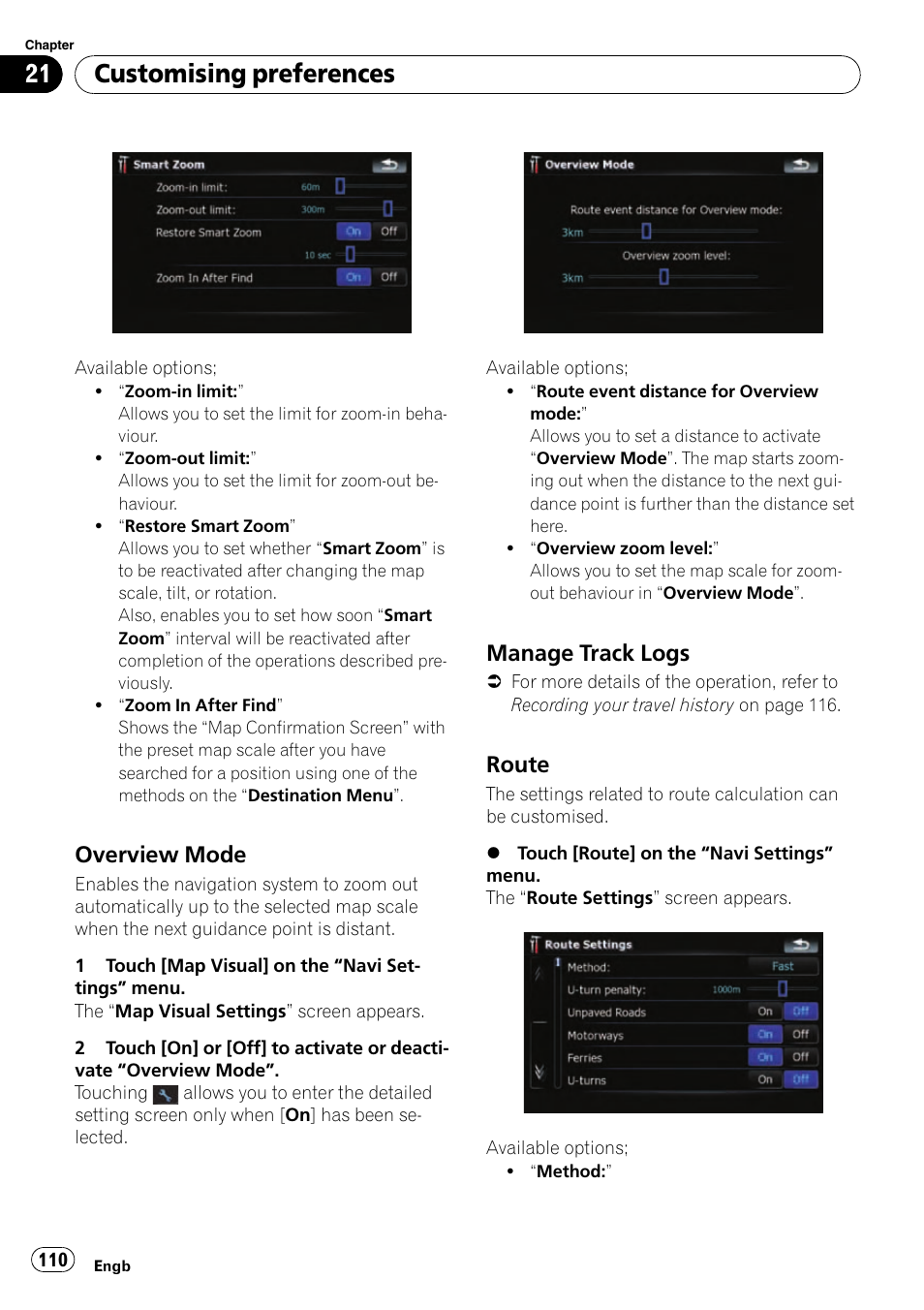 Overview mode 110, Manage track logs 110, Route 110 | Customising preferences, Overview mode, Manage track logs, Route | Pioneer AVIC-F910BT User Manual | Page 110 / 170