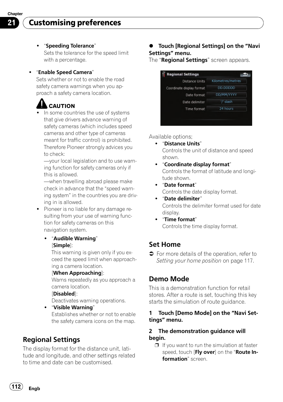 Regional settings 112, Set home 112, Demo mode 112 | Demo mode on, Customising preferences, Regional settings, Set home, Demo mode | Pioneer AVIC-F910BT User Manual | Page 112 / 170