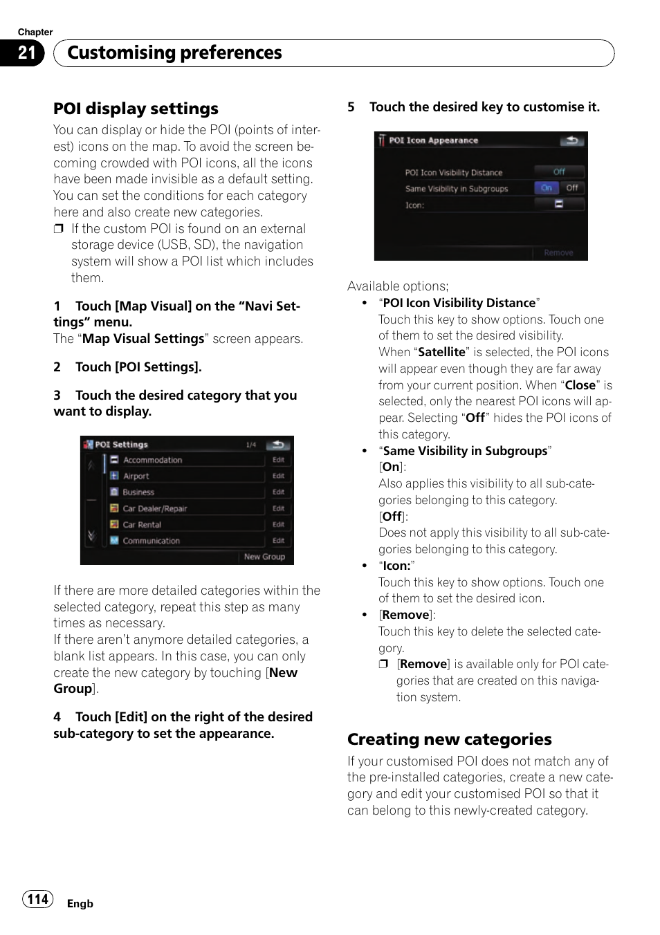 Poi display settings 114, Creating new categories 114, Customising preferences | Poi display settings, Creating new categories | Pioneer AVIC-F910BT User Manual | Page 114 / 170