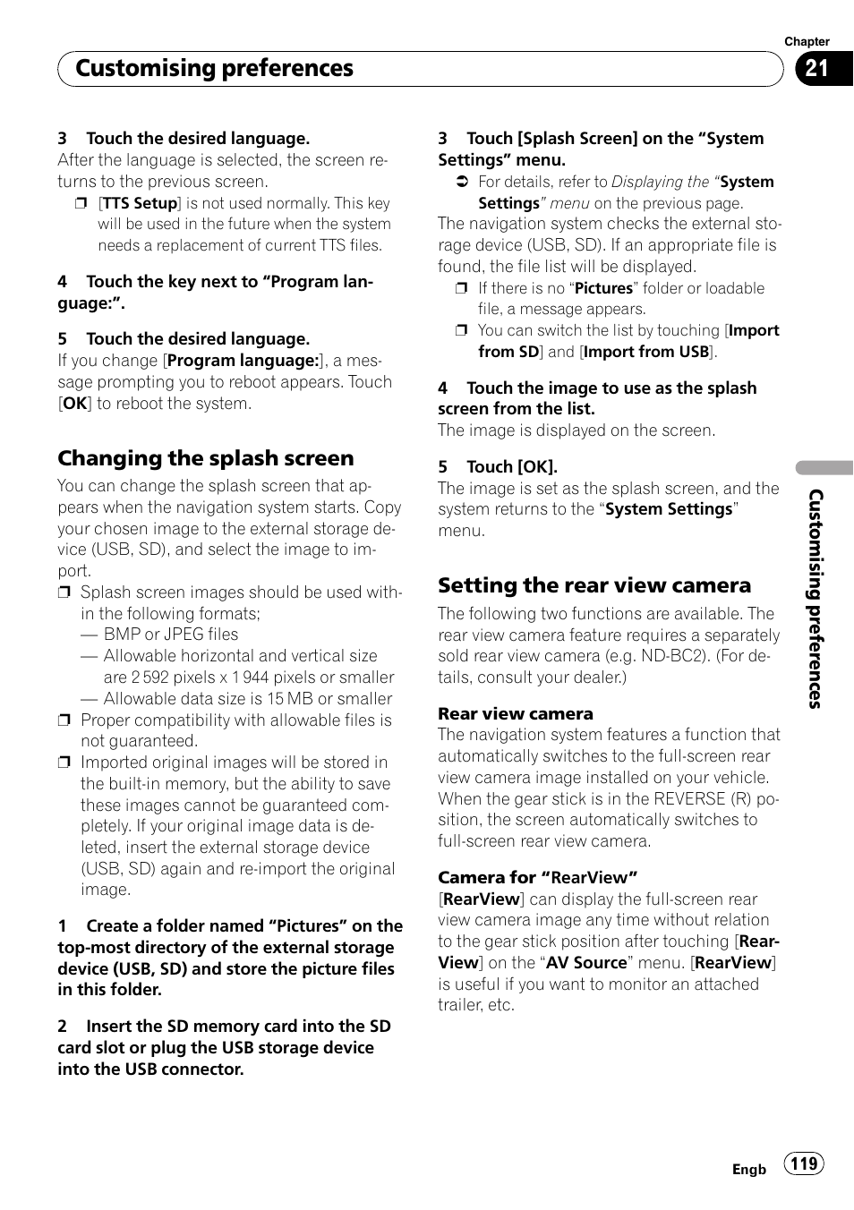 Changing the splash screen 119, Setting the rear view camera 119, Setting the rear view | Customising preferences, Changing the splash screen, Setting the rear view camera | Pioneer AVIC-F910BT User Manual | Page 119 / 170