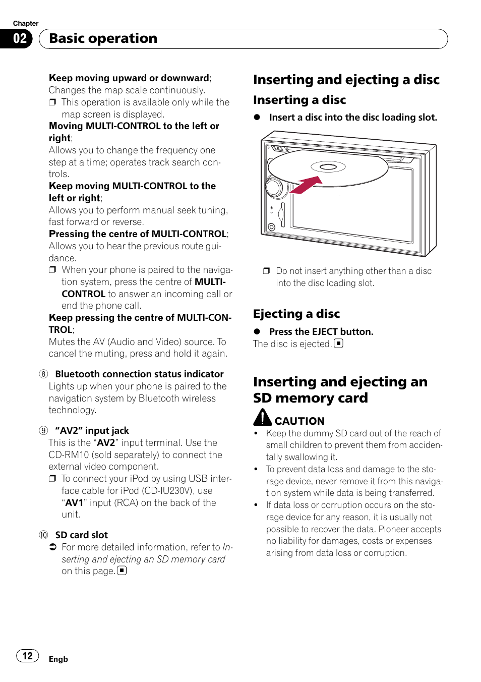 Inserting and ejecting a disc, Basic operation, Inserting a disc | Ejecting a disc | Pioneer AVIC-F910BT User Manual | Page 12 / 170