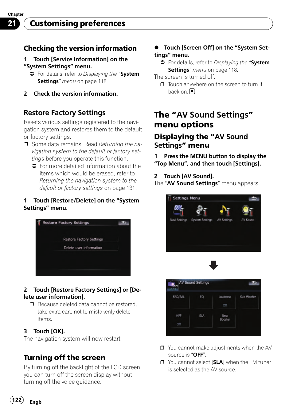 Checking the version information 122, Restore factory settings 122, Turning off the screen 122 | Av sound settings” menu options 122, Displaying the “av sound settings, Menu, The “av sound settings” menu options, Customising preferences | Pioneer AVIC-F910BT User Manual | Page 122 / 170