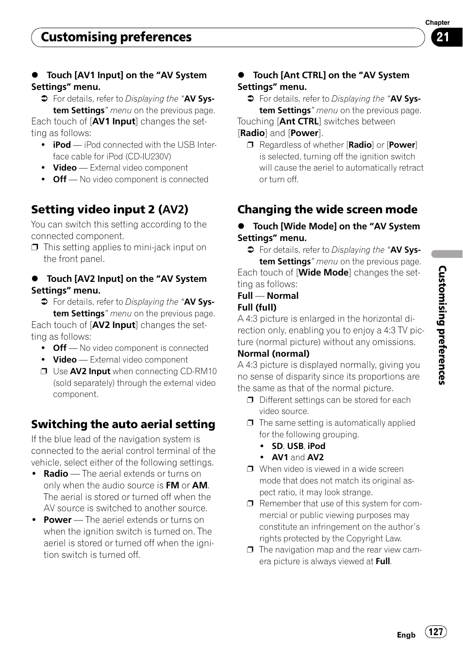 Setting video input 2 (av2) 127, Switching the auto aerial setting 127, Changing the wide screen mode 127 | Setting video input 2, Customising preferences, Setting video input 2 (av2), Switching the auto aerial setting, Changing the wide screen mode | Pioneer AVIC-F910BT User Manual | Page 127 / 170