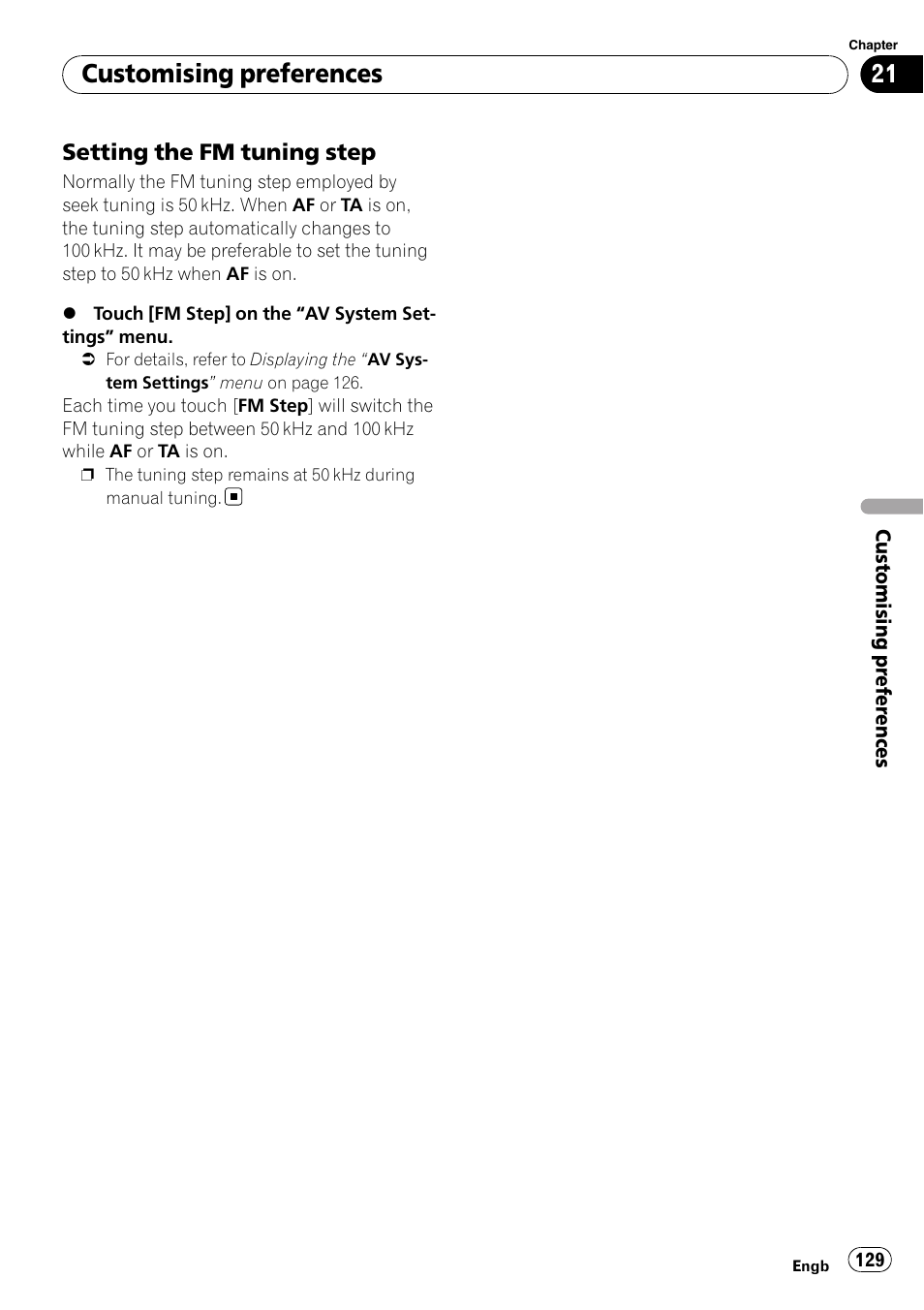 Setting the fm tuning step 129, Customising preferences, Setting the fm tuning step | Pioneer AVIC-F910BT User Manual | Page 129 / 170