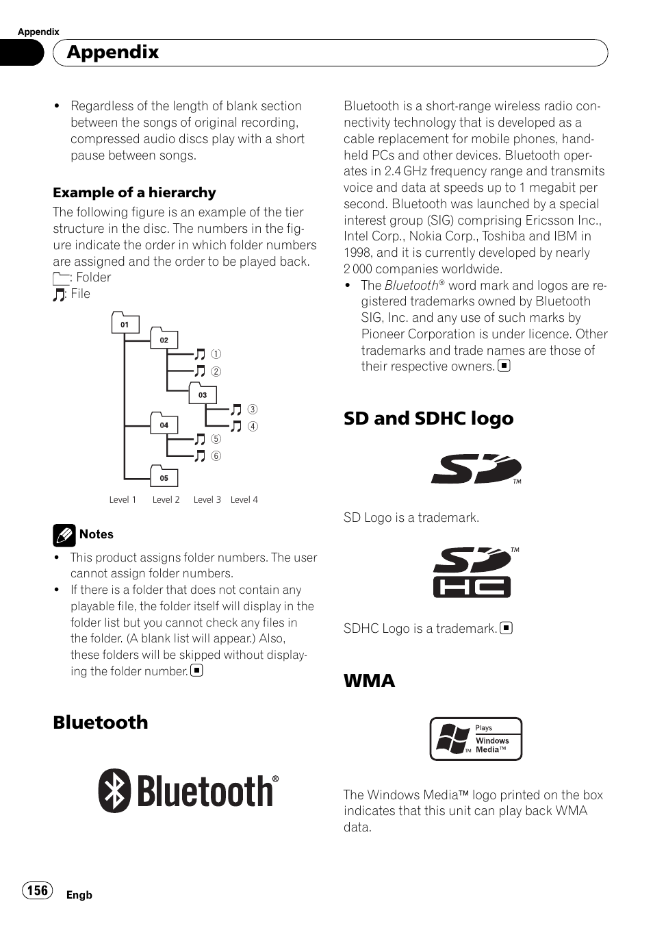 Bluetooth, Sd and sdhc logo, Appendix | Pioneer AVIC-F910BT User Manual | Page 156 / 170