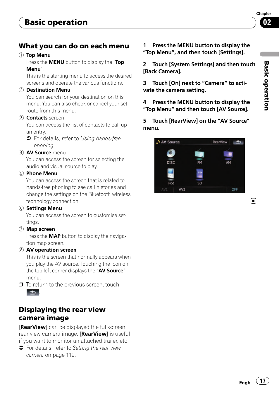 Basic operation, What you can do on each menu, Displaying the rear view camera image | Pioneer AVIC-F910BT User Manual | Page 17 / 170