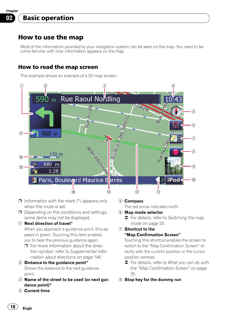 How to use the map, Basic operation, How to read the map screen | Pioneer AVIC-F910BT User Manual | Page 18 / 170