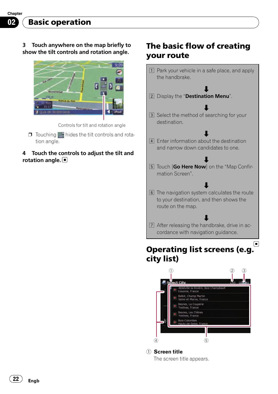 The basic flow of creating your route, Operating list screens (e.g. city list), Basic operation | Pioneer AVIC-F910BT User Manual | Page 22 / 170