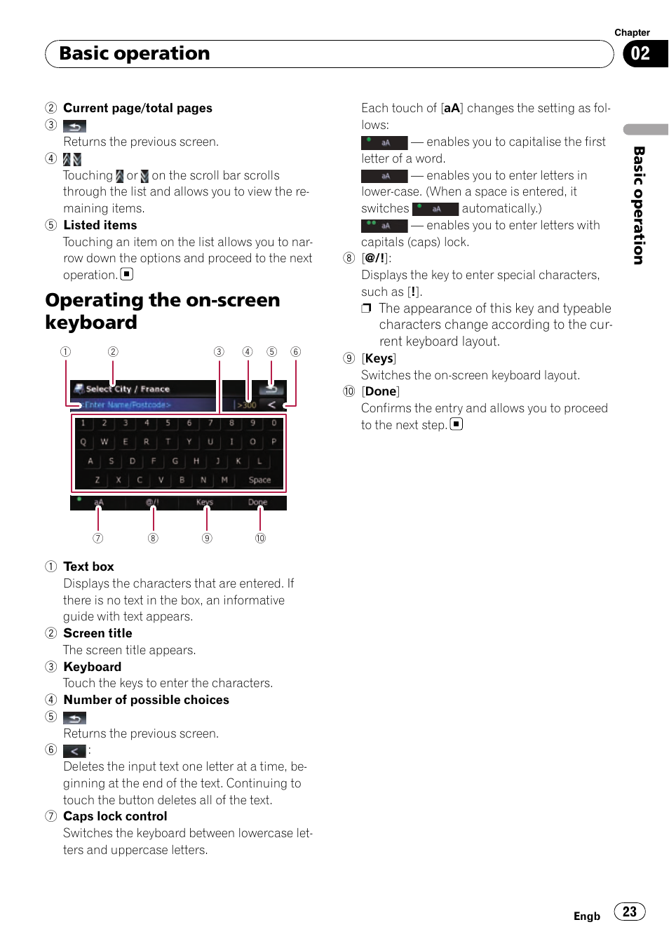 Operating the on-screen keyboard, Basic operation | Pioneer AVIC-F910BT User Manual | Page 23 / 170