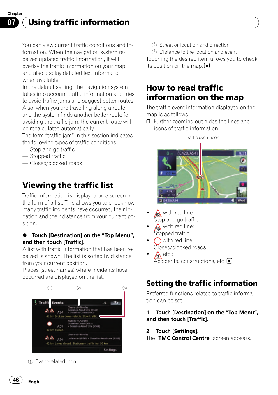 Using traffic information viewing the traffic list, How to read traffic information on the, Setting the traffic information | Viewing the traffic list, How to read traffic information on the map, Using traffic information | Pioneer AVIC-F910BT User Manual | Page 46 / 170