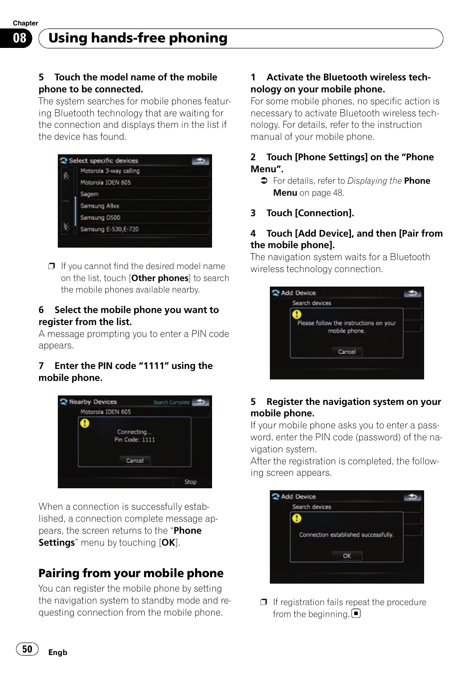 Pairing from your mobile phone 50, Using hands-free phoning, Pairing from your mobile phone | Pioneer AVIC-F910BT User Manual | Page 50 / 170