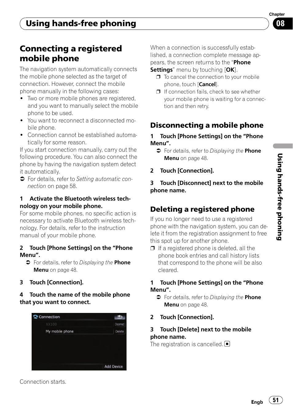 Connecting a registered mobile phone, Disconnecting a mobile phone 51, Deleting a registered phone 51 | Using hands-free phoning, Disconnecting a mobile phone, Deleting a registered phone | Pioneer AVIC-F910BT User Manual | Page 51 / 170