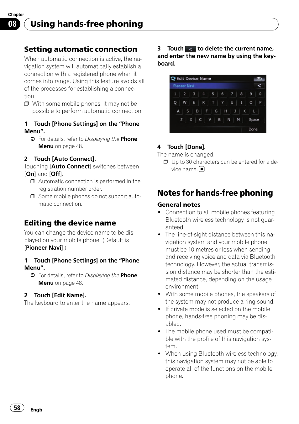 Setting automatic connection 58, Editing the device name 58, Notes for hands-free phoning | Setting automatic con, Using hands-free phoning, Setting automatic connection, Editing the device name | Pioneer AVIC-F910BT User Manual | Page 58 / 170