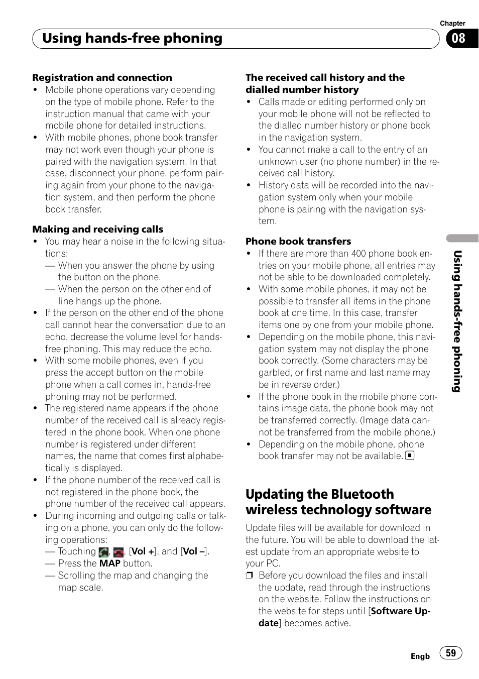 Updating the bluetooth wireless technology, Software, Using hands-free phoning | Pioneer AVIC-F910BT User Manual | Page 59 / 170