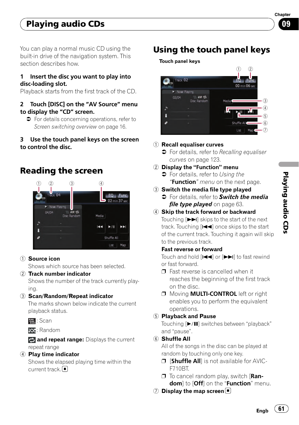 Playing audio cds reading the screen, Using the touch panel keys, Reading the screen | Playing audio cds | Pioneer AVIC-F910BT User Manual | Page 61 / 170