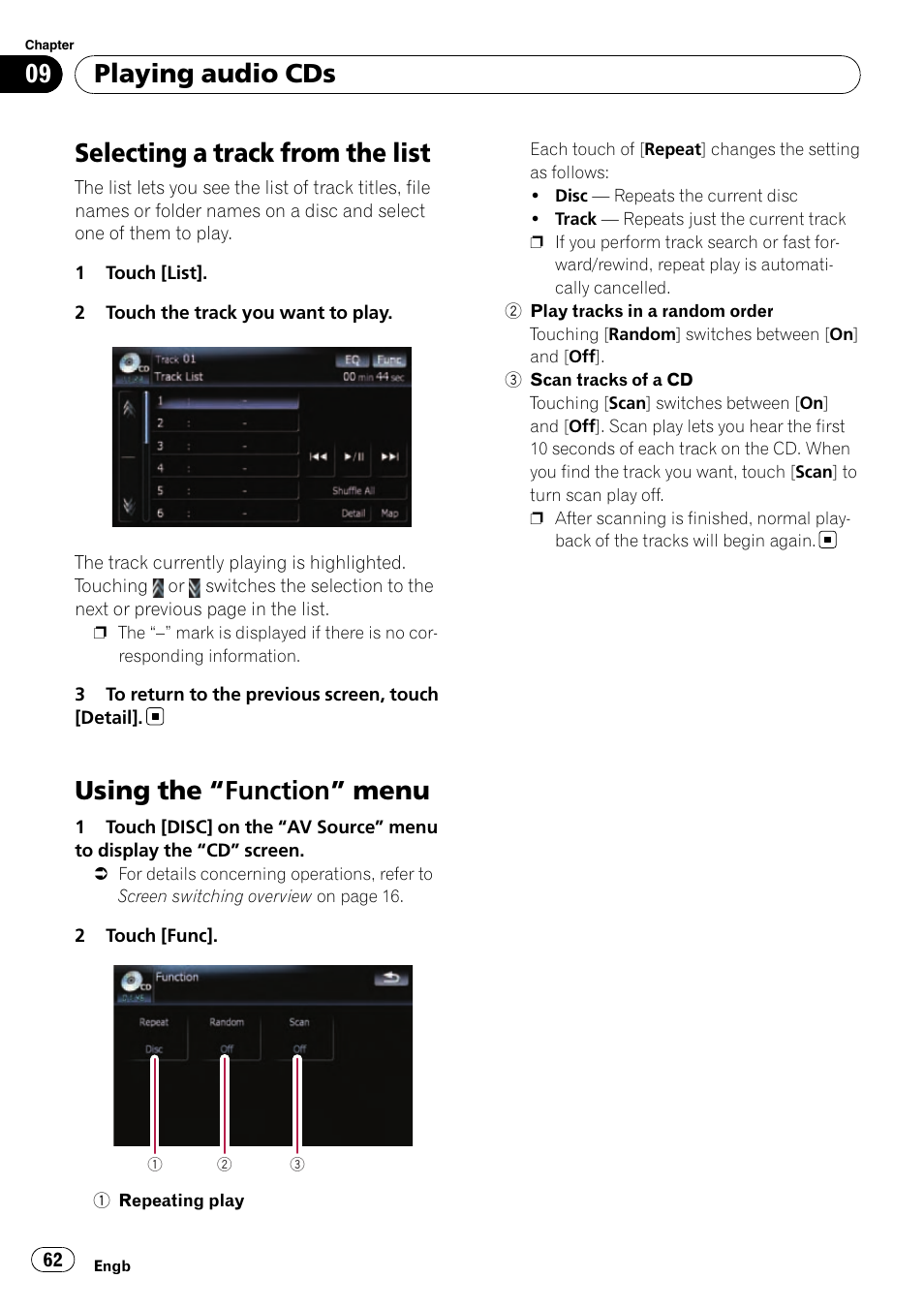 Selecting a track from the list, Using the, Function” menu 62 | Using the “function” menu, Playing audio cds | Pioneer AVIC-F910BT User Manual | Page 62 / 170