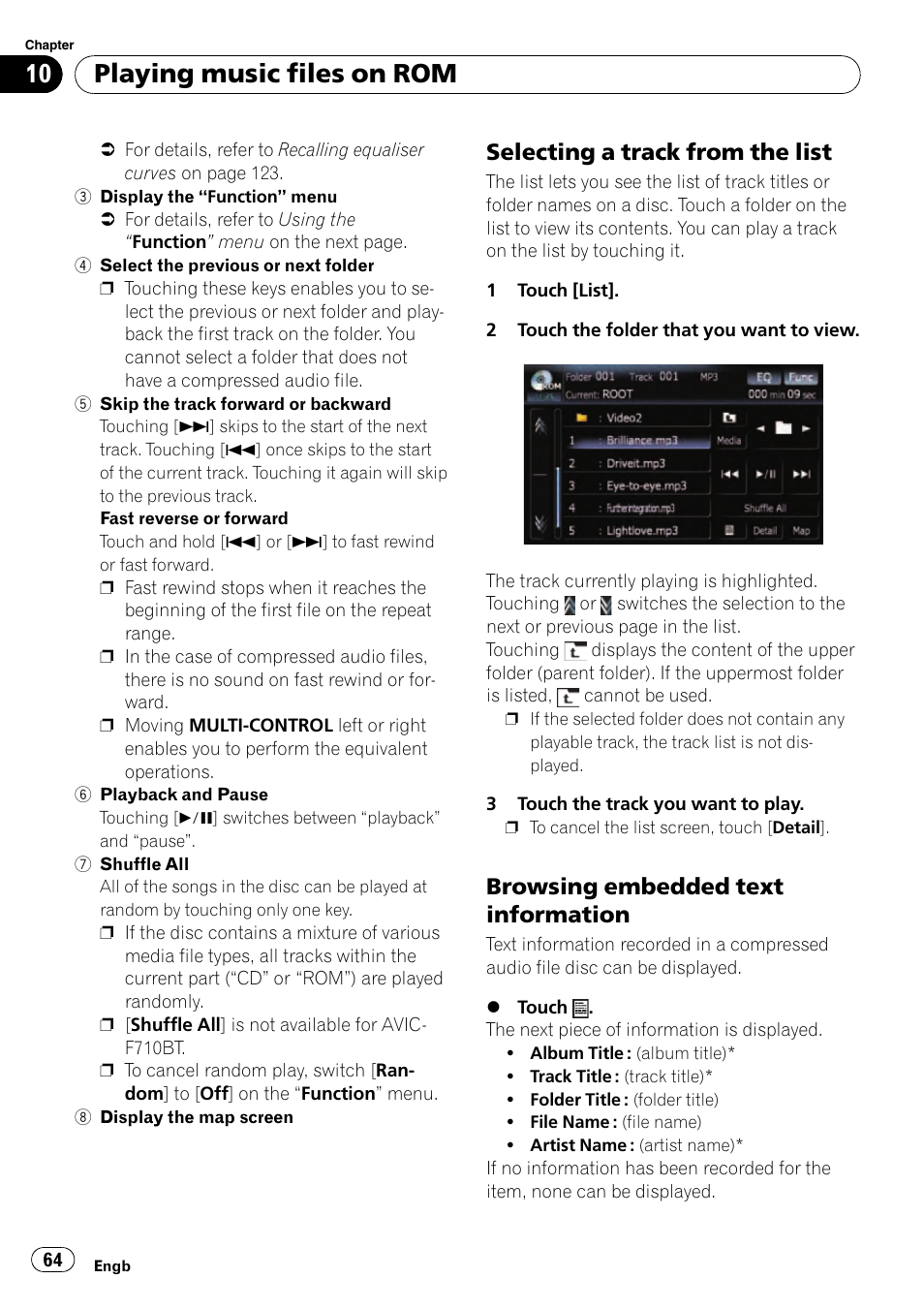 Selecting a track from the list 64, Browsing embedded text, Information | Playing music files on rom, Selecting a track from the list, Browsing embedded text information | Pioneer AVIC-F910BT User Manual | Page 64 / 170