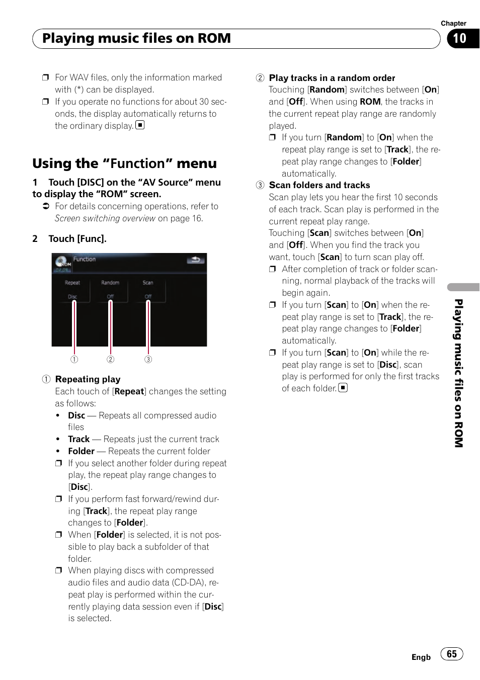 Using the, Function” menu 65, Using the “function” menu | Playing music files on rom | Pioneer AVIC-F910BT User Manual | Page 65 / 170