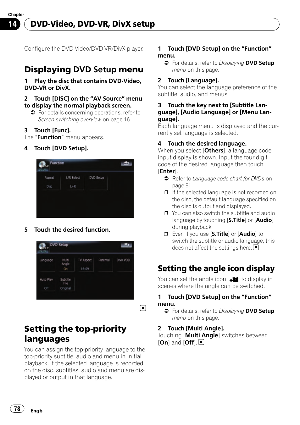 Setting the top-priority languages, Setting the angle icon display, Setting the angle icon | Displaying dvd setup menu, Dvd-video, dvd-vr, divx setup | Pioneer AVIC-F910BT User Manual | Page 78 / 170