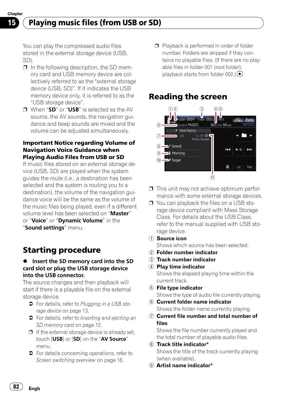 Reading the screen, Starting procedure, Playing music files (from usb or sd) | Pioneer AVIC-F910BT User Manual | Page 82 / 170