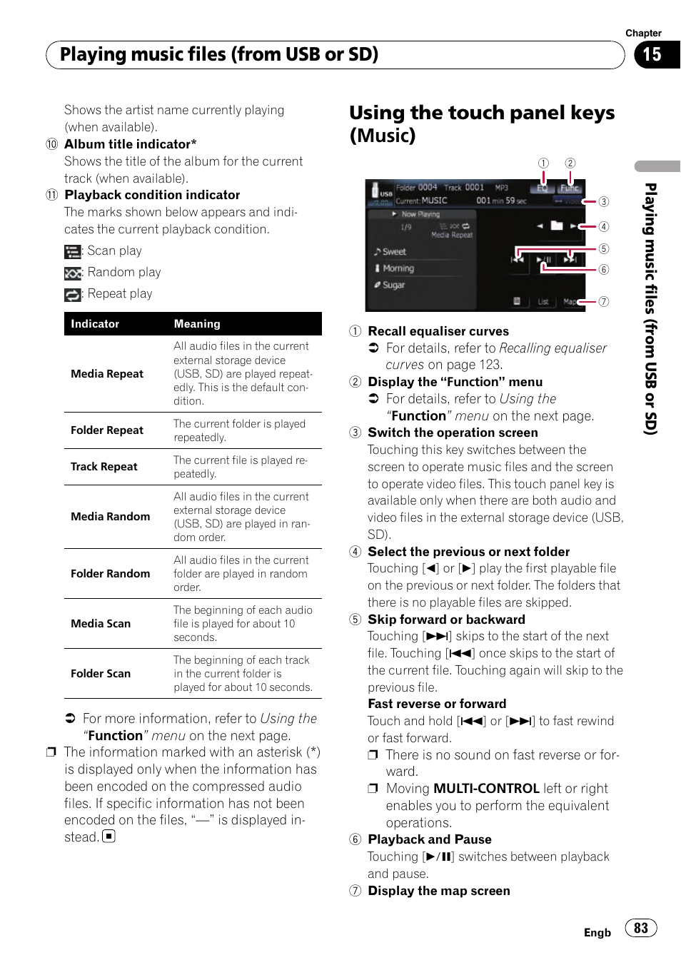 Using the touch panel keys (music), Playing music files (from usb or sd) | Pioneer AVIC-F910BT User Manual | Page 83 / 170