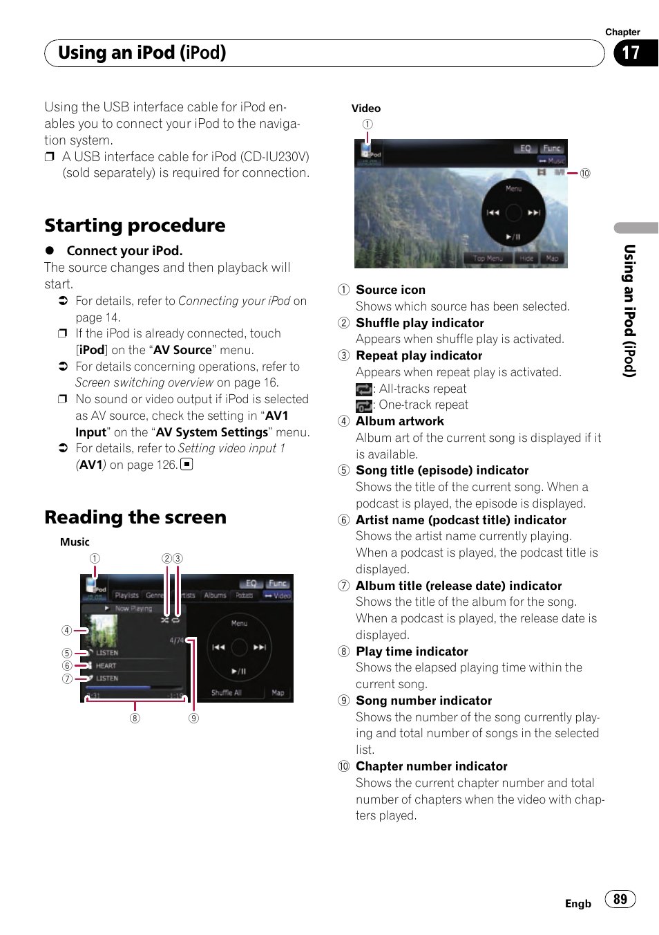 Using an ipod (ipod) starting procedure, Reading the screen, Starting procedure | Using an ipod (ipod) | Pioneer AVIC-F910BT User Manual | Page 89 / 170