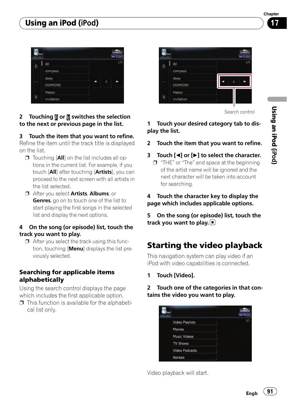 Starting the video playback, Using an ipod (ipod) | Pioneer AVIC-F910BT User Manual | Page 91 / 170