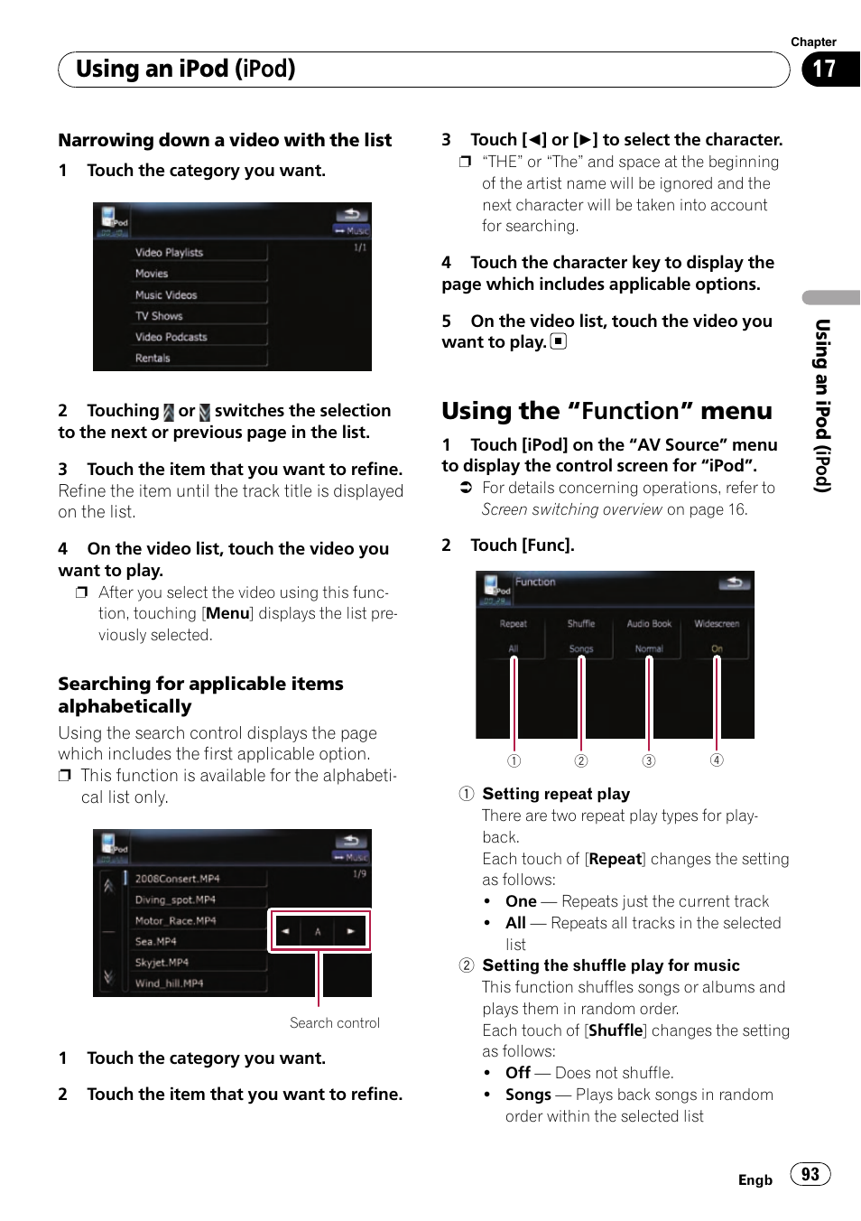 Using the, Function” menu 93, Using the “function” menu | Using an ipod (ipod) | Pioneer AVIC-F910BT User Manual | Page 93 / 170