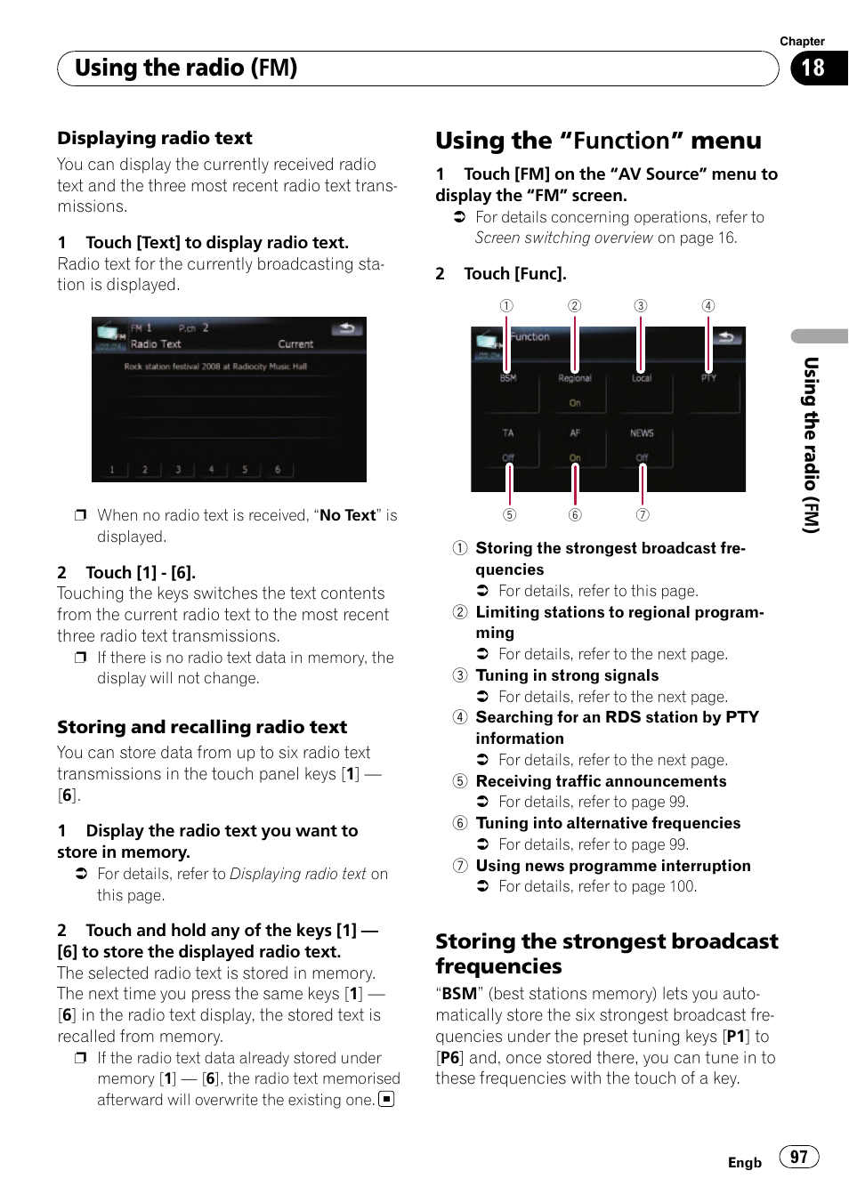 Using the, Function” menu 97, Storing the strongest broadcast | Frequencies, Using the “function” menu, Using the radio (fm), Storing the strongest broadcast frequencies | Pioneer AVIC-F910BT User Manual | Page 97 / 170