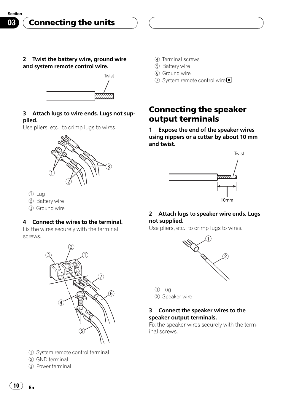 Connecting the speaker output, Terminals, Connecting the speaker output terminals | Connecting the units | Pioneer GM-5400T User Manual | Page 10 / 96