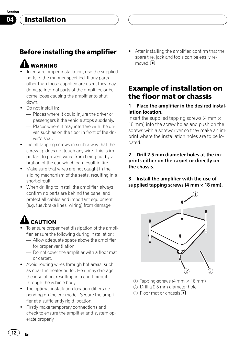 Installation before installing the amplifier, Example of installation on the floor mat or, Chassis | Before installing the amplifier, Installation | Pioneer GM-5400T User Manual | Page 12 / 96
