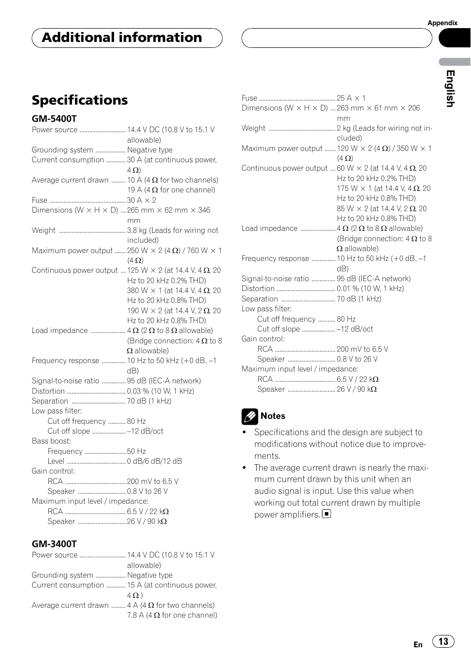 Additional information specifications, Specifications, Additional information | English | Pioneer GM-5400T User Manual | Page 13 / 96