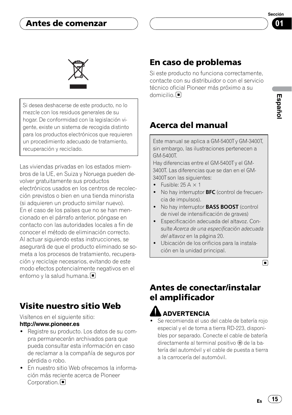 Antes de comenzar, Visite nuestro sitio web, En caso de problemas | Acerca del manual, Antes de conectar/instalar el, Amplificador, Antes de conectar/instalar el amplificador | Pioneer GM-5400T User Manual | Page 15 / 96