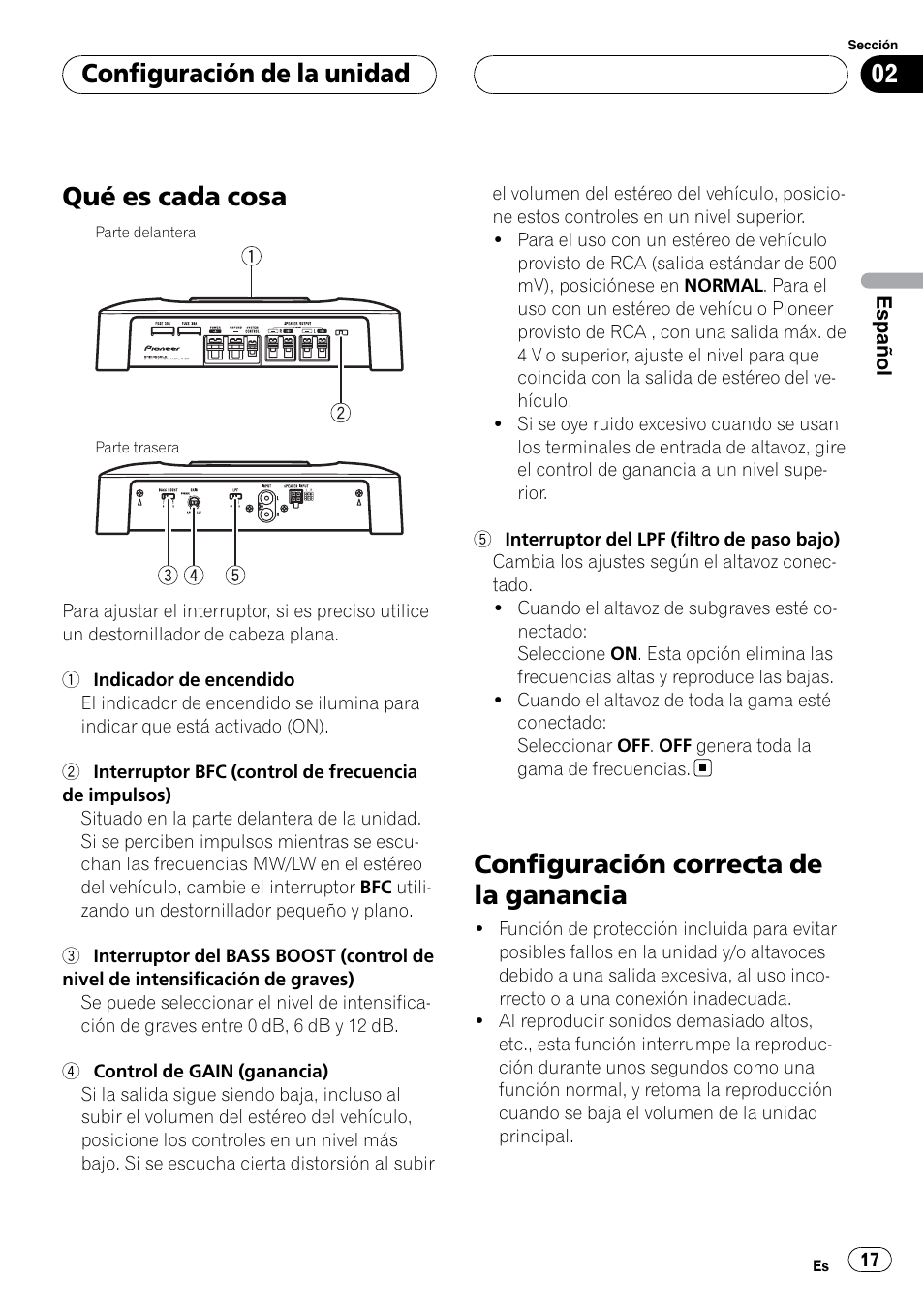Configuración de la unidad qué es cada cosa, Configuración correcta de la ganancia, Qué es cada cosa | Configuración de la unidad | Pioneer GM-5400T User Manual | Page 17 / 96
