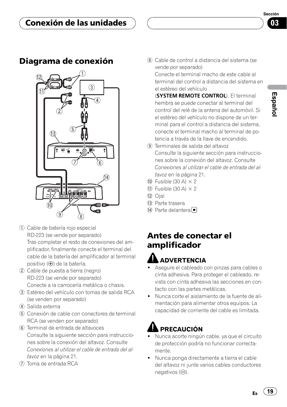 Conexión de las unidades diagrama de conexión, Antes de conectar el amplificador, Diagrama de conexión | Conexión de las unidades | Pioneer GM-5400T User Manual | Page 19 / 96