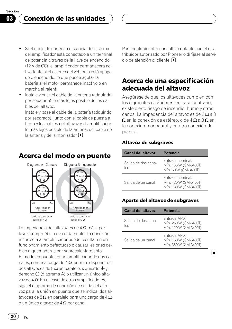 Acerca del modo en puente, Acerca de una especificación adecuada del, Altavoz | Acerca de una especificación adecuada del altavoz, Conexión de las unidades | Pioneer GM-5400T User Manual | Page 20 / 96