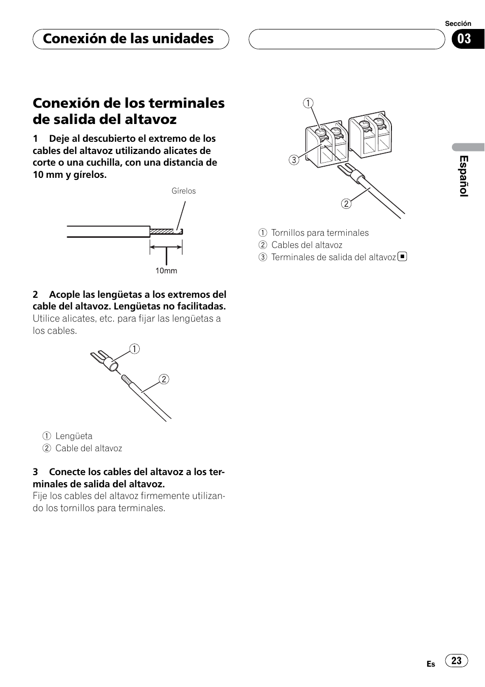 Conexión de los terminales de salida del, Altavoz, Conexión de los terminales de salida del altavoz | Conexión de las unidades | Pioneer GM-5400T User Manual | Page 23 / 96