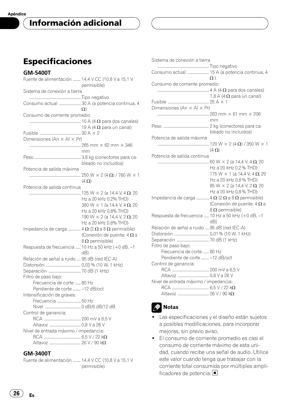 Información adicional especificaciones, Especificaciones, Información adicional | Gm-5400t, Gm-3400t | Pioneer GM-5400T User Manual | Page 26 / 96