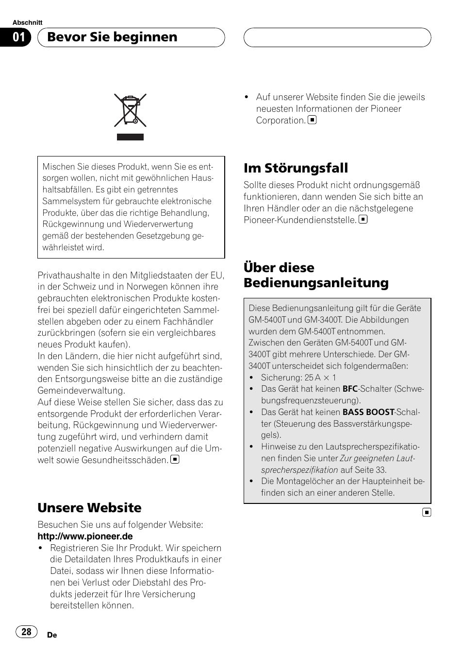 Bevor sie beginnen, Unsere website, Im störungsfall | Über diese bedienungsanleitung | Pioneer GM-5400T User Manual | Page 28 / 96