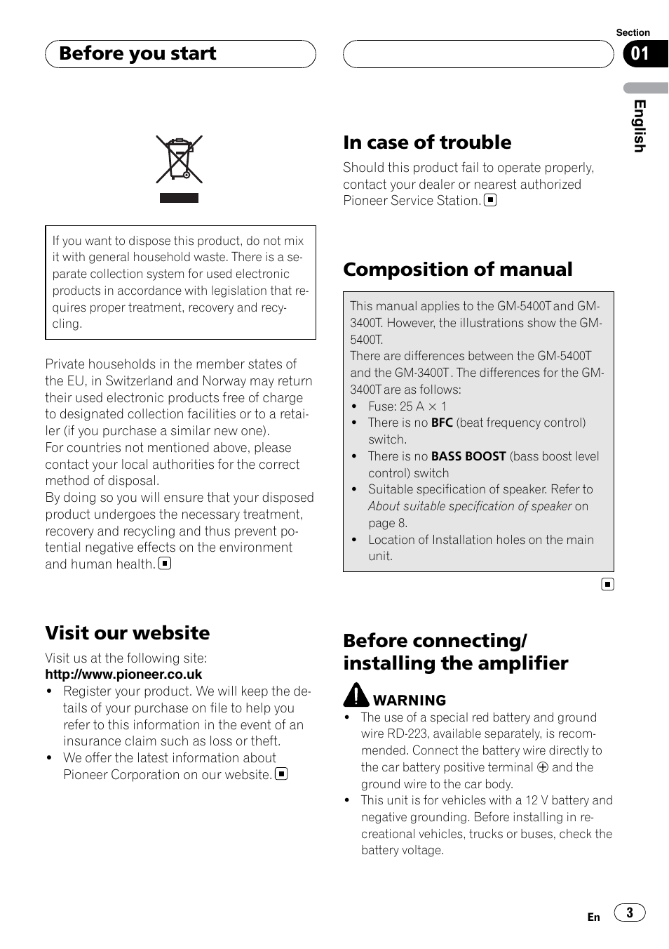 Before you start, Visit our website, In case of trouble | Composition of manual, Before connecting/installing the amplifier, Before connecting/ installing the amplifier | Pioneer GM-5400T User Manual | Page 3 / 96