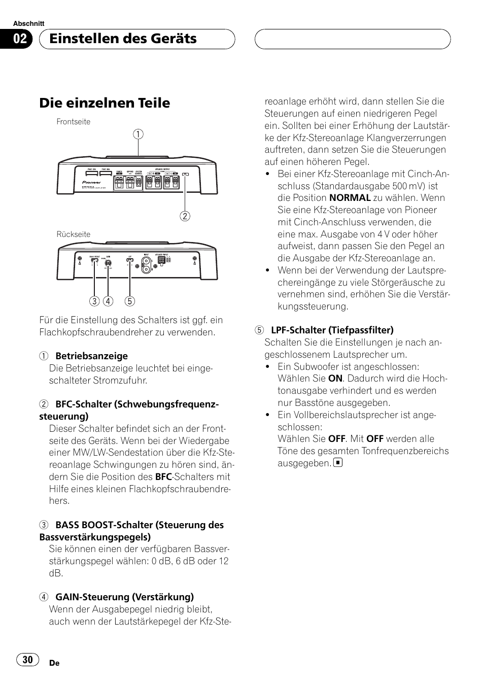 Einstellen des geräts die einzelnen teile, Die einzelnen teile, Einstellen des geräts | Pioneer GM-5400T User Manual | Page 30 / 96