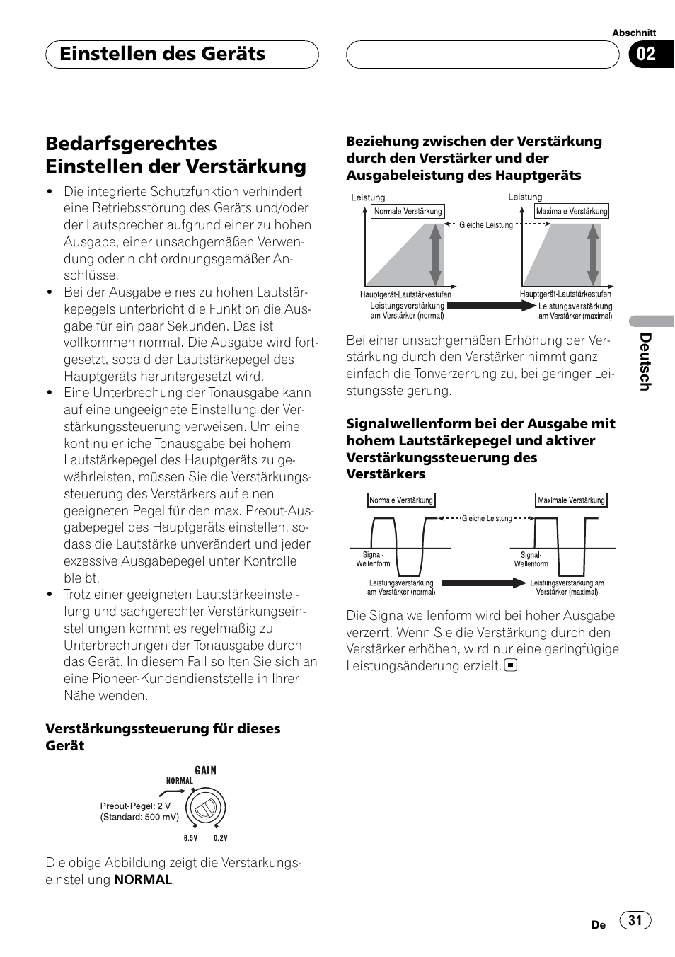 Bedarfsgerechtes einstellen der, Verstärkung, Bedarfsgerechtes einstellen der verstärkung | Einstellen des geräts | Pioneer GM-5400T User Manual | Page 31 / 96