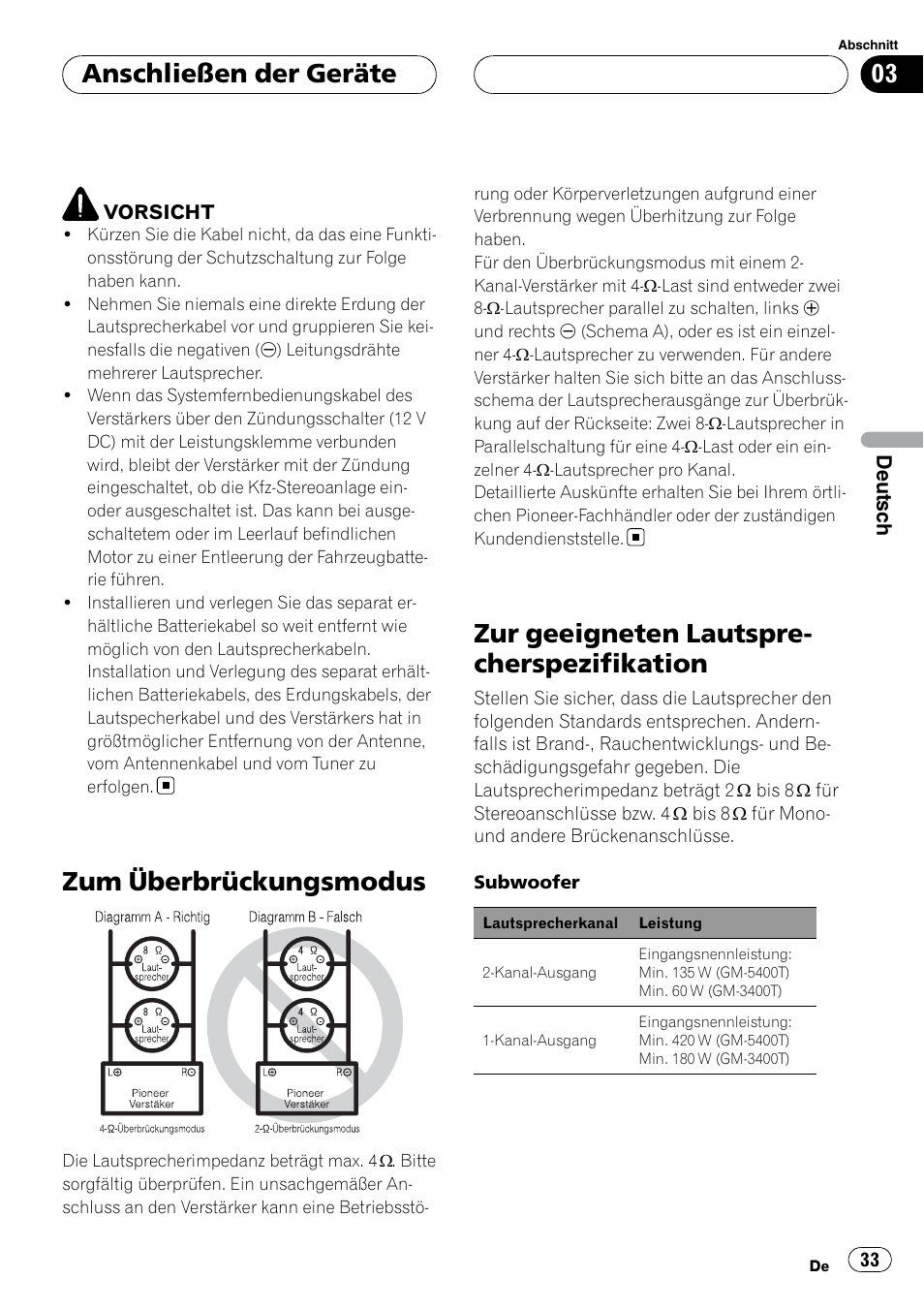 Zum überbrückungsmodus, Zur geeigneten, Lautsprecherspezifikation | Zur geeigneten lautspre- cherspezifikation, Anschließen der geräte | Pioneer GM-5400T User Manual | Page 33 / 96